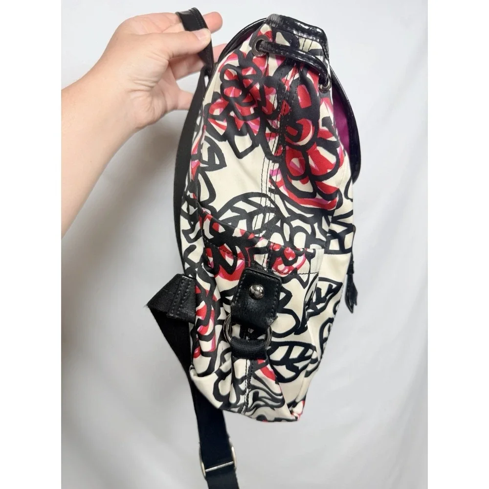 Coach Poppy Daisy Graffiti Backpack Floral Satin Black White Pink Travel Casual